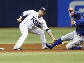 Kevin Pillar of the Toronto Blue Jays steals second base in front of shortstop Asdrubal Cabrera of the Tampa Bay Rays during their game June 24, 2015 at Tropicana Field in St. Petersburg. (Brian Blanco/Getty Images/AFP)