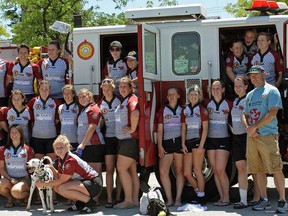 The Sarnia Saints' annual charity-themed rugby tripleheader, this year in support of the Canadian Mental Health Association, is this Saturday. Last year the organization raised funds for fallen firefighters. Back row from left are Jacq Fairbairn, Lauren Wilks, Ellie Prescott, Sydney Cook, Sammi Torebelli, Kassie Roache, Daria Keane and Benett Carlton. Middle row from left are Jess Nacaratto, Erin Deery, Breanne Belanger, Alice Smith, Myrissa Kendall, Arlene Vanrenan, Steph Mara, Jamie Holmes, Lily Kindrachuk, Cassie Kerrigan and coach Mark Renaud. In front from left are Erin Esplen and Emily Powell. (Handout)