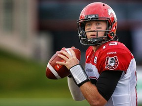 Calgary Stampeders quarterback, Bo Levi Mitchell readies to throw during a game against the B.C. Lions in Calgary on June 12, 2015. (Al Charest/Calgary Sun/Postmedia Network)