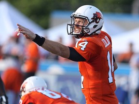 BC Lions quarterback Travis Lulay makes a call during the first half of a pre-season CFL game against the Edmonton Eskimos at UBC Thunderbird Stadium in Vancouver on June 19, 2015. (Carmine Marinelli/Postmedia Network)