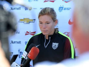U.S. Women's National Team defender Lori Chalupny speaks to the media before a training session at Algonquin College on Wednesday, June 24, 2015. (Chris Hofley/Ottawa Sun)