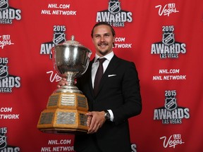 Erik Karlsson of the Ottawa Senators poses in the press room after winning the James Norris Trophy at the 2015 NHL Awards at MGM Grand Garden Arena in Las Vegas on June 24, 2015.  Bruce Bennett/AFP