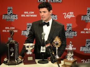 Carey Price talks to media after winning four awards during the NHL Awards show at MGM Grand in Las Vegas on Wednesday, June 24, 2015. (Jake Roth/USA TODAY Sports)