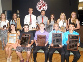 Major award winners at the Wallaceburg District Secondary School athletic banquet held at the CBD Club on June 16 include, from row from left to right, Alyssa Lucier (female athlete, Brad Lightfood Memorial Scholarship), Greg Hay (rookie of the year male), Carter DeKoning (junior male athlete), Marc Kellett (Tartan Fairplay Award) and Nathan Outridge (C.R. Maltby Award abd R.J. McLean Plaque). Back row, left to right, Megan Maxim (rookie of the year female), Tina Foster (Ebner Sportsmanship), Robert Griffioen (male athlete of the year), Quinn Williams (Walpole Island First Nations athlete male), Georgia Bayliss (R.J. McLean Plaque), Alyssa Bachus (McFadden Award) and Brett Fischer (rookie of the year female). Missing is Wahbzii Shognosh-Diaz (Booth Award and Walpole Island First Nation athlete female) and Jaimi Chauvin (junior female athlete).