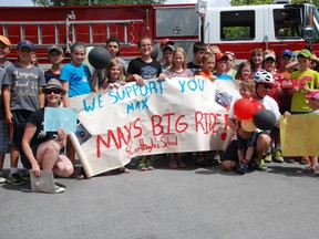 JESSICA LAWS/FOR THE INTELLIGENCER
Andrew Sedmihrasky and his son, Max, ended their fourth day of Max’s Big Ride at Memorial Park in Tweed. The father-son team are travelling the Trans Canada Trail from Ottawa to Hamilton to raise money for DMD.