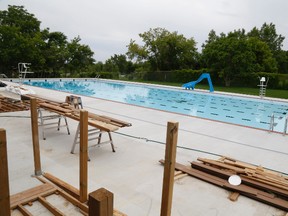 JASON MILLER/THE INTELLIGENCER
Crews having been working to apply the finishing touches to the Kinsmen pool which will open in July.