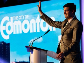 Mayor Don Iveson speaks to the crowd after Telus announced its plans to bring fibre-optic Internet to Edmonton Alta. on Friday June 19, 2015. The $1-billion infrastructure investment will reach 90 per cent of buildings and homes. David Bloom/Edmonton Sun