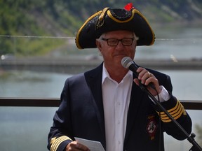 Rod Phillips dons the ceremonial admiral's hat granted to him by the Sour Dough Raft Race Association. He was named the event's admiral yesterday at the Marriot Hotel in Down Town Edmonton. The race will kick off 9 a.m., Sunday, July 12 at Terwilligar Park. DOUG JOHNSON Postmedia Network