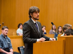 SUBMITTED PHOTO
Bayside Secondary School student Dimitri Larouche participates in a mock trial. Loyalist College’s paralegal program ws a partner in staging the recent event aimed at exposing students to the court process.