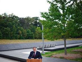 U.S. Defense Secretary Leon Panetta speaks to reporters after visiting the Flight 93 National Memorial ahead of the 11th anniversary of the 9/11 attacks in Shanksville, Pennsylvania, September 10, 2012. REUTERS/Mandel Ngan/Pool