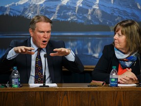 Dave Mowat (left), president and CEO of ATB Financial, and Marg McCuaig-Boyd, Energy Minister, speak about Mowat's appointment as head of a royalty review advisory panel at the Alberta Legislature in Edmonton, Alta., on Friday June 26, 2015. Mowat will begin recruiting panel members and the panel will deliver its report at the end of the year. Ian Kucerak/Edmonton Sun/