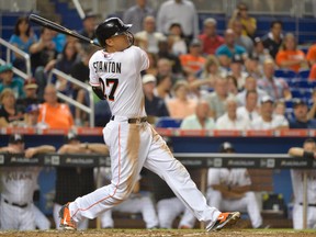 Marlins right fielder Giancarlo Stanton connects for a three run homer against the Yankees at Marlins Park in Miami on June 16, 2015. (Steve Mitchell/USA TODAY Sports)