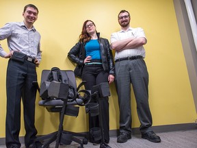Team members Katya Cogan, Dmitry Klishch and Sean Horn of Active Bionics Inc. This Ottawa trio created a consumer-friendly exoskeleton, a device to help those -- like paraplegics -- walk on their own. 
DANI-ELLE DUBE/OTTAWA SUN