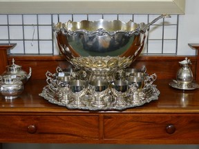 Silver punch bowl set from the historic Glenora Bed and Breakfast is just one of the lots being auctioned off Sunday. PHOTO SUPPLIED