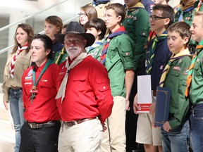 Scouts 2: Scouts Canada Northern Lights Council Commissioner Shaun Donald , left, and Chief Scout Terry Grant pose with scouts awarded either the Chief Scout's Award or the Queen's Venturer Award at City Hall in Edmonton on Saturday, June 27, 2015. CLAIRE THEOBALD Edmonton Sun