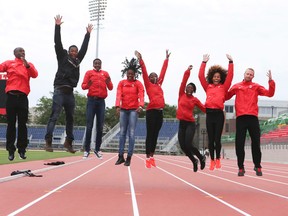Team Canada athletes for the  Pan Am Games jump for joy on Friday June 26, 2015. As a result of the games, athletes will have improved facilities including the High Performance Athletics Centre at York University. Veronica Henri/Toronto Sun