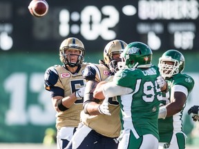 Bomber quarterback Drew Willy watches a pass during their historic victory over the Roughriders. (MATT SMITH/Reuters)