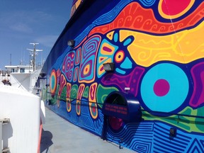 Photograph supplied 
A close look at the colourful smokestack on the Chi-Cheemaun ferry honouring the Ojibwe School of Woodland Art.
