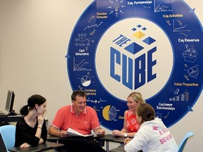 Jasmyn Newton, Jon Milos, Ally Bell, and Erica Chisholm gather in Lambton College's Cube entrepreneurial centre. Milos, the centre's director, is hoping to inspire young professionals to stay in Sarnia and help diversify the local economy.
PHOTO TAKEN Friday, June 26, 2015 at Sarnia, Ontario
(CHRIS O’GORMAN/ SARNIA OBSERVER/ POSTMEDIA NETWORK)