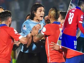 Uruguay's forward Edinson Cavani (C) argues with Chilean players after he was red-carded during their 2015 Copa America football championship quarterfinal match, in Santiago, on June 24, 2015. AFP PHOTO / PABLO PORCIUNCULA