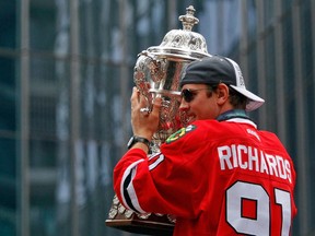 Chicago Blackhawks center Brad Richards (91) celebrates during the 2015 Stanley Cup championship parade and rally at Soldier Field. Jon Durr-USA TODAY Sports