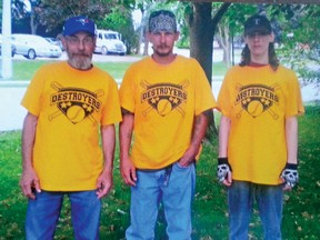 Three generations of slo-pitch players are featured on the Destroyers team – Terry Lockstein, being the elder statesman, with son David, and grandson Anthony play on the yellow-clad Tillsonburg Slo-Pitch Men's C team. (CONTRIBUTED PHOTO)