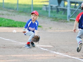 First baseman Ben Medhurst waits for this toss to the bag during Major Rookie Tier 2 baseball action against visiting St. Marys last Wednesday, June 24. ANDY BADER/MITCHELL ADVOCATE