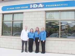 De Jager Town Square Pharmacy opened at 112 Courthouse Square on June 15. Pictured are owners John and Lisa De Jager and pharmacy assistant Amy Samworth and Katie Feagan. Absent is the De Jager’s son, Steve, who delivers for the business. (Dave Flaherty/Goderich Signal Star)