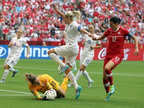 England goalkeeper Siobhan Chamberlain makes a save against Canada forward Christine Sinclair during the second half in the quarterfinals of the Women's World Cup at BC Place Stadium on June 27, 2015. (Matt Kryger/USA TODAY Sports)