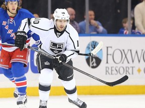 Mike Richards #10 of the Los Angeles Kings skates against the New York Rangers on March 24, 2015 at Madison Square Garden in New York City.   Elsa/Getty Images/AFP