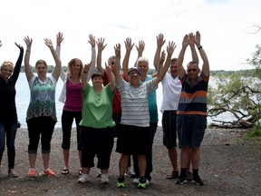 SARAH HYATT/THE INTELLIGENCER
Continuing On In Education (COED) instructors and members of a summer program show their support for an upcoming Walk-A-Thon while at Potters Creek Park in Belleville Monday. Pictured here in front, left to right are: Janet J., Mark A., and John R. Back, left to right are: Megan C., Alanah B., Chris Houlden, Craig H., Margaret G., and Larry Mavety.