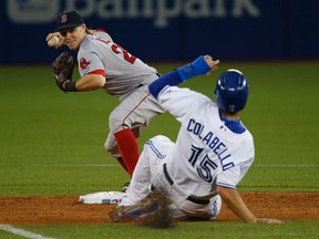 Blue Jays baserunner Chris Colabello is out at second as Red Sox second baseman Brock Holt throws to first base to finish a double play to end the seventh inning on Monday, June 29, 2015. (Jack Boland/Postmedia Network)