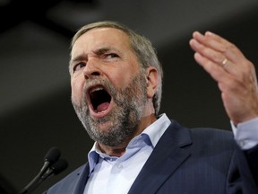 NDP leader Thomas Mulcair delivers a speech during a rally in Ottawa, Ont., in this June 17, 2015 file photo. (REUTERS/Chris Wattie/Files)