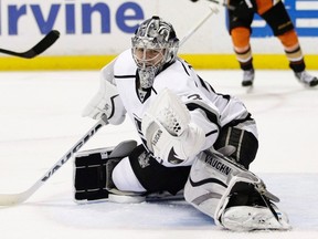 Los Angeles Kings goalie Martin Jones makes a save during NHL play against the Anaheim Ducks Feb. 27, 2015, in Anaheim, Calif. (THE CANADIAN PRESS/AP/Jae C. Hong)