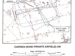 A map outlining the proposed turbines (marked by T*) in relation to the flight paths of Curries Aerodrome in Norwich. (Submitted)