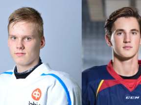 The London Knights selected Olli Juolevi, left, and Daniel Bernhardt in the Canadian Hockey League import draft.
