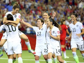 United States forward Kelley O'Hara celebrates her goal during the second half against Germany in the semifinals of the Women's World Cup at Olympic Stadium in Montreal on June 30, 2015. (Jean-Yves Ahern/USA TODAY Sports)