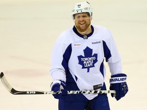 Phil Kessel jokes around during Leafs practice at the MasterCard Centre in Toronto on Tuesday April 7, 2015. (Dave Abel/Toronto Sun)