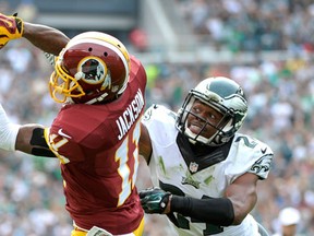 Washington Redskins wide receiver DeSean Jackson, left, seen here making a catch against his former team the Philadelphia Eagles, has revealed his side of why the Eagles released him and what transpired afterwards. (Eric Hartline/USA TODAY Sports)