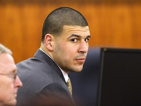 Former NFL player Aaron Hernandez looks on  during his murder trial at the Bristol County Superior Court in Fall River, Massachusetts, April 3, 2015. (REUTERS/CJ Gunther/Pool)