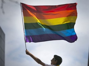 A man waves a rainbow flag while observing a gay pride parade in San Francisco, California June 28, 2015. REUTERS/Elijah Nouvelage
