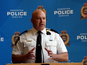 Edmonton Police Acting Sup. Graham Hogg speaks to the media on the EPS Violence Reduction Strategy to the media at downtown headquarter in Edmonton, Alberta on Friday, June 21 , 2013.  The Edmonton Police Service Downtown Division officers arrested 40 individuals and laid 255 drug traficking related charges during a 7 week undercover operation.  Perry Mah/Edmonton Sun