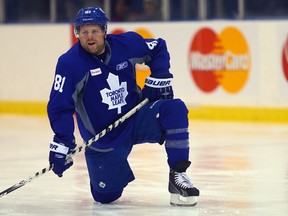 Phil Kessel takes a break during Leafs training camp at the Mastercard Centre in Toronto on Friday September 19, 2014. (Dave Abel/Toronto Sun)