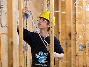 Grade 11 Saunders secondary school student Ethan Wiseman feeds electrical wiring into a junction box while taking part in a skills competition at Fanshawe College in February. With a looming shortage of skilled trade workers, the London Home Builders? Association, schools and governments are trying to attract more students to the trades. (Free Press file photo)