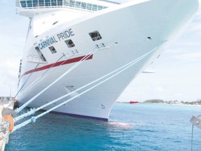 With its imposing bow, the Carnival Pride is tied up at the pier in Grand Turk.  (JIM FOX, Special to Postmedia Network)