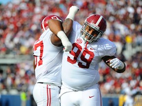 Defensive lineman Brandon Ivory, seen here celebrating a defensive stop as a member of the Alabama Crimson Tide has been charged with burglary in Alabama. (Christopher Hanewinckel/USA TODAY Sports)