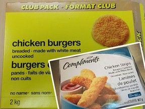 No Name chicken burgers and (inset) Compliments chicken strips
(CFIA)