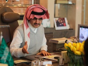 Saudi Prince Alwaleed bin Talal speaks during an interview with Reuters at his office in Kingdom Tower in Riyadh, in this May 6, 2013 file photo. (REUTERS/Faisal Al Nasser)