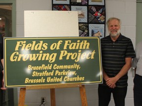 Reverend Colin Snyder, Joe Laurie and Doug Norman had their beards shaved last Sunday at Brucefield Community United Church. The three men volunteered if their community raised money for the Canadian Foodgrains Bank. (Laura Broadley/Clinton News Record)