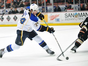 St. Louis Blues right wing T.J. Oshie (74) shoots against the Anaheim Ducks during the first period at Honda Center. (Gary A. Vasquez-USA TODAY Sports)